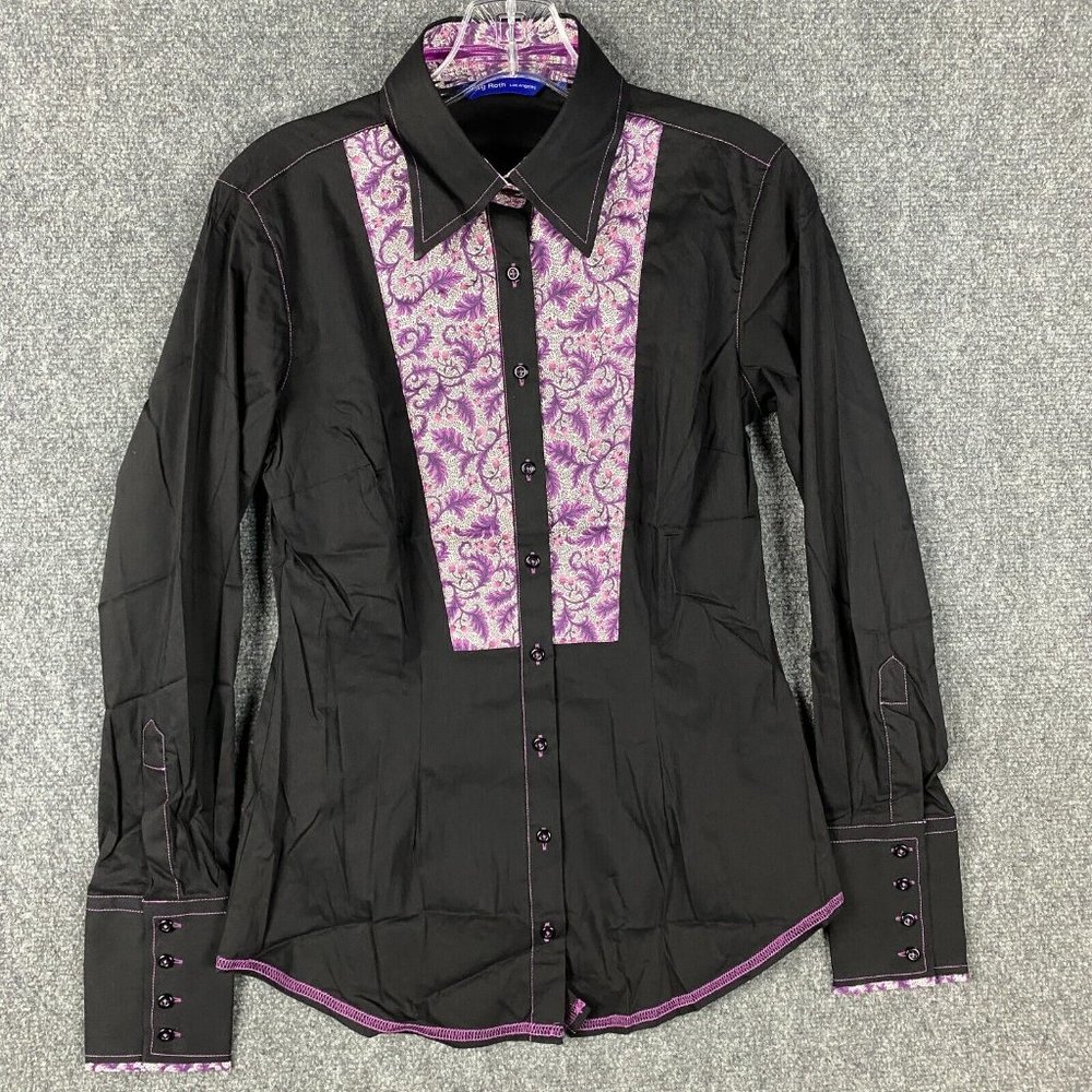 Georg Roth Button Up Shirt Women's Small Long Sleeve Black Paisley Cotton Blend